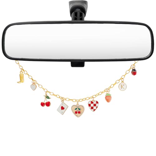 Rearview Mirror Charm for Car Aluminum Chain with Cute Alloy Enamel Cherry Strawberry Heart Boots Pendants Car Interior Pendant Decor Accessories for Women Rear View Mirror Home Window - style: Cherry Strawberry