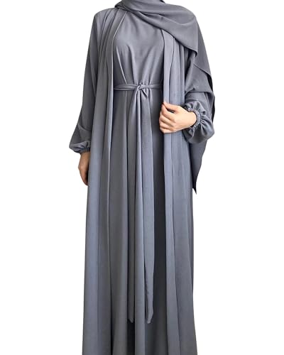 Women's Muslim Dress Two Pieces Set Islamic Prayer Abaya Modest Solid Color Muslim Outfits - color: Gray Abaya and Gray Hijab, size: Medium
