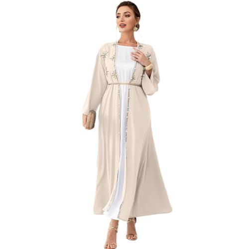Muslim Abaya Long Sleeve Open Front Rhinestones Kaftan Cardigan Maxi Dress for Women with Belt - color: Champagne Cardigan, size: Small