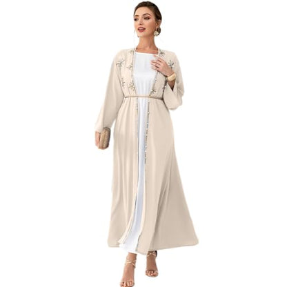 IDOPIP Muslim Abayas for Women Long Sleeve Open Front Cardigan Rhinestone Applique Islamic Dubai Maxi Kaftan Dress with Belt - color: Champagne, size: Medium