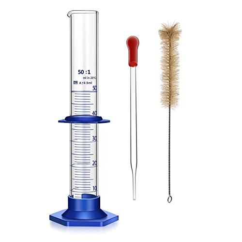 Thick Glass Graduated Cylinder Measuring Liquid Lab Cylinders with Anti-Falling Plastic Base and Bumper Guards and Cylinder Brush (Glass, 50ML) - size: 50ML