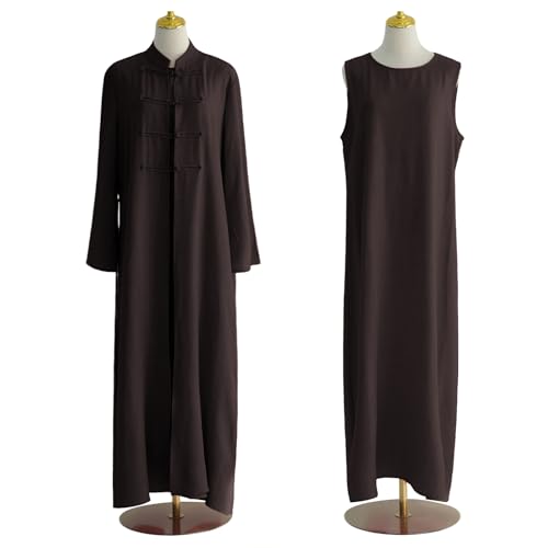 2PCS Women Muslim Abaya Dress Stand Collar Full Coverage Cardigan Dress Set - color: Coffee, size: X-Large