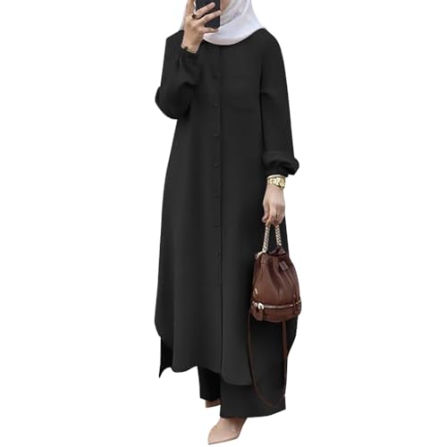 Muslim Clothes for Women 2 Piece Set Long Sleeve Button Down Shirt and Pants Ramadan Abaya Dress Islamic Dubai Outfits - color: Black, size: XXXXX-Large