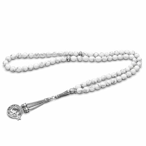 Amazing Gemstone Howlite Tasbeeh with Moon and Star Charm - Certified Crystal Muslim Prayer Beads Natural Gemstone Tasbih Gift for Ramadan Dhikr and Daily Namaz (S) - color: Howlite