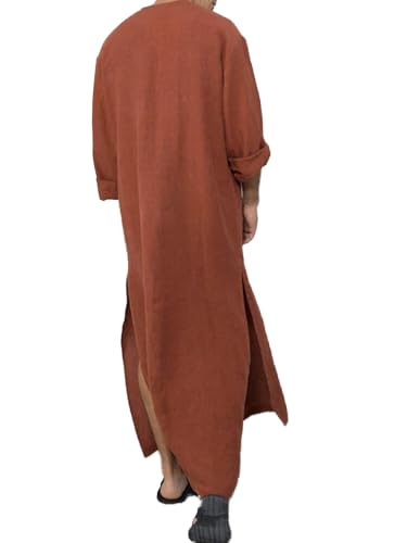 OhMill Men's Kaftan Thobe Long Sleeve Muslim Robe Button Up Side Split Kaftan Thobe with Pockets - color: Brown-l