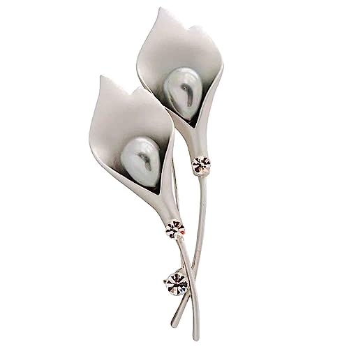 Crystal Pearl Flower Brooches Pins Fashion Beautiful Created Rhinestone Floral Brooch Good Idea for Party Dance Wedding Banquet for Elegant Women Girl - color: Silver Lily