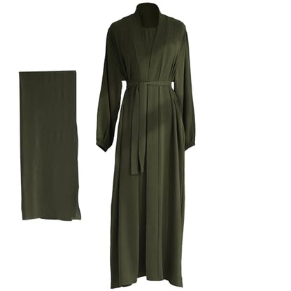 Women's Muslim Dress Two Pieces Set Islamic Prayer Abaya Modest Solid Color Muslim Outfits - color: Army Green Abaya and Army Green Hijab, size: XX-Large
