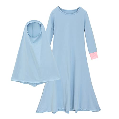 Kids Prayer Dress Muslim Clothes for Girls Long Sleeve Ramadan Abaya with Hijab Maxi Islamic Eid Outfits Set 2pcs - color: Sky Blue, size: 13-14 Years