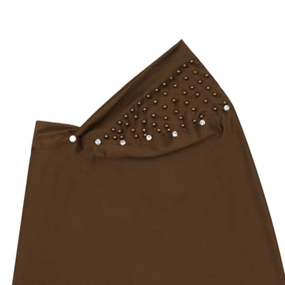 Suillty Women's Pearls Muslim Islam Instant Hijab Scarf Soft Turkish Headwear Jersey Headscarf Shawl Wrap - color: Brown
