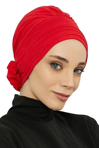 Aisha's Design Instant Turban Head Wraps for Women, Combed Cotton Scarf Lightweight Pre tied Hijab with Back Rose Detail - color: Red
