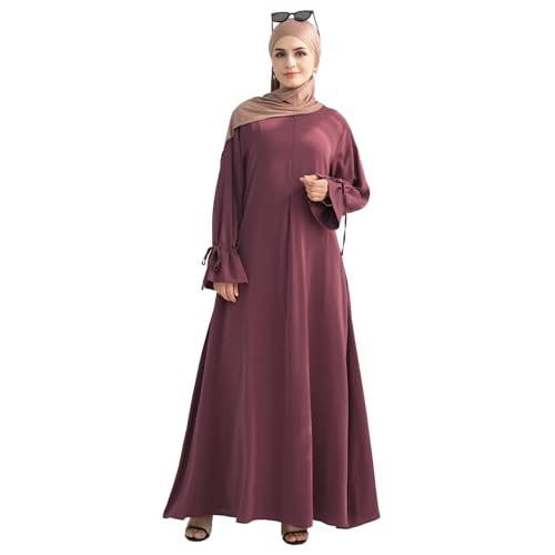 Tie Cuffs Dress Solid Color Abaya for Women Front Zipper Robe with Pocket Daily Islamic Prayer Clothes - color: Purple, size: X-Large