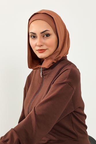 Aisha's Design Full Coverage%95 Cotton Bonnet for Women, Ready-to-Wear Hijab Bonnet Headscarf with Neck Coverage - color: Caramel Brown