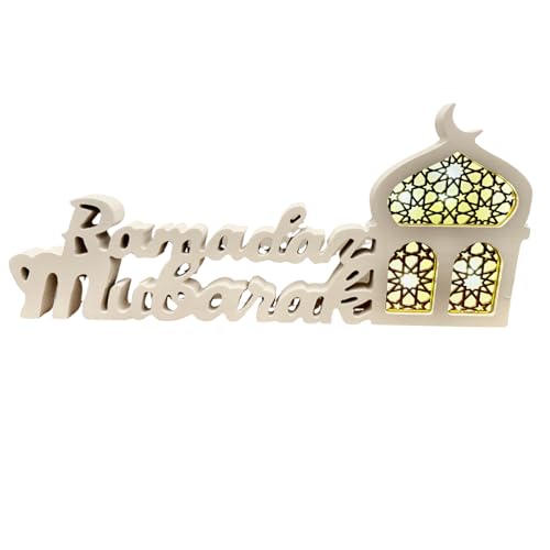Ramadan Mubarak Sign Tabletop Wooden Letter Ramadan Kareem Sign with Hilal/Moon 14" Table Top Décor with LED Lights Ramadan Table Top Ornaments with LED Lights and White Moon Sign (Ramadan Mubarak_White Lantern) - color: Ramadan Mubarak_White Lantern