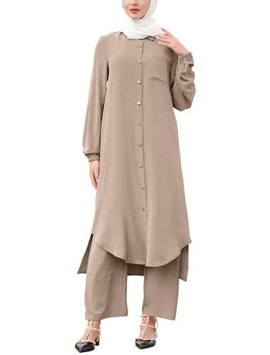 IDOPIP Abaya 여성용 드레스 무슬림 세트 긴소매 시폰 이슬람 드레스 셔츠 바지 포함 2피스 두바이 기도 캐주얼 의류 - color: 카키, size: X-Large