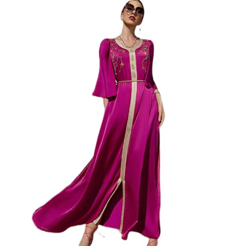 ODIZLI Abaya Dress for Women Dubai Sadui Bead Moroccan Kaftan Fancy Eid Dress - color: Hot Pink, size: X-Large