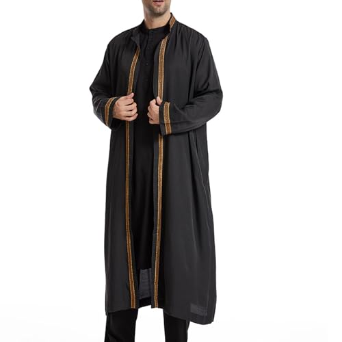 Thobe for Men Abaya Islamic Clothing Loose Long Sleeve Muslim Kaftan Open Front Dubai Arabic Robe Prayer Costume - color: Black, size: Small