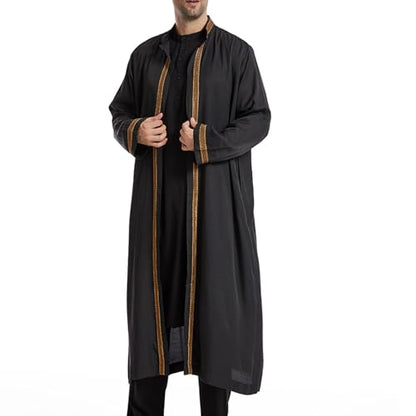 Thobe for Men Abaya Islamic Clothing Loose Long Sleeve Muslim Kaftan Open Front Dubai Arabic Robe Prayer Costume - color: Black, size: Medium