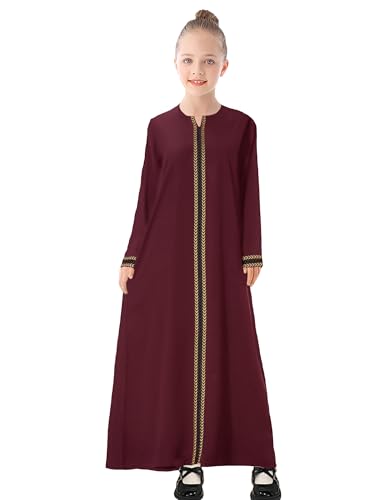 WSPLYSPJY Kids Girls Embroidered Muslim Dress Abaya Prayer Robe - color: Wine Red, size: 13-14 Years