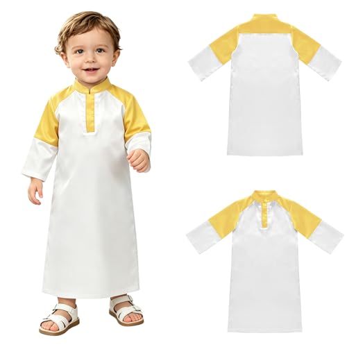 Hansber Arabic Prince Costume Baby Boys Muslim Islamic Kaftan Thobe Long Sleeve Robe for Halloween Party - color: Yellow, size: 3-6 Months