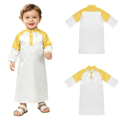 Hansber Arabic Prince Costume Baby Boys Muslim Islamic Kaftan Thobe Long Sleeve Robe for Halloween Party - color: Yellow, size: 18-24 Months