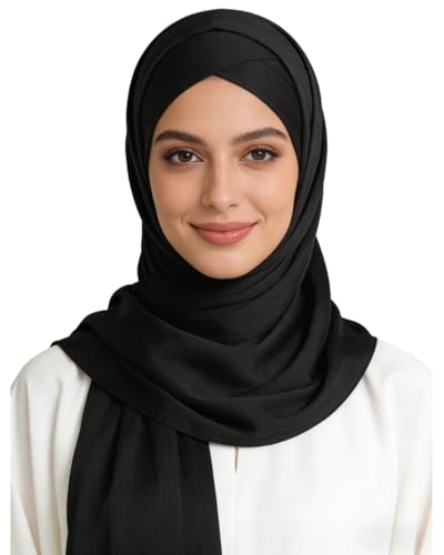 JUMISEE Silky Satin Hijab Scarf for Women Fashion Crinkle Crepe Instant Muslim Islamic Hijab Head Wrap Long Shawls - color: Black