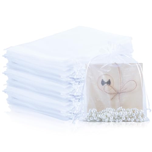 Mstar Pack 100 Pcs Organza Bags, Grey Sheer Organza,Wedding Favor with Drawstring,Jewelry Gift Bag for Party, Jewelry, Bathroom Soaps (White, 6.69 * 9.06 inch) - color: White