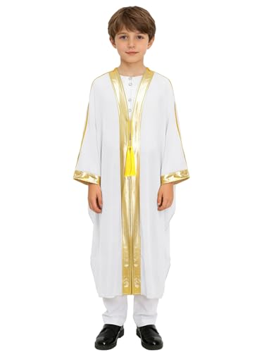 Kids Boys Muslim Thobe Satin Loose Kaftan Robes Long Sleeve Prayer Dress for Ramadan Eid Celebrations - color: White, size: 14 Years