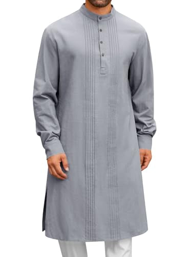 Runcati Mens Kaftan Robe Button Down Long Sleeve Cotton Linen Thobe Casual Muslim Gown Henley Shirt - color: Grey, size: Large