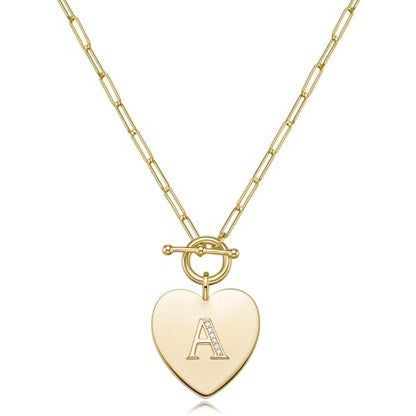 14K Gold Filled Heart Initial Necklace for Women, Dainty Alphabet Pendant Necklace with Paperclip Chain, Hypoallergenic Jewelry Gift for Her - color: Letter A