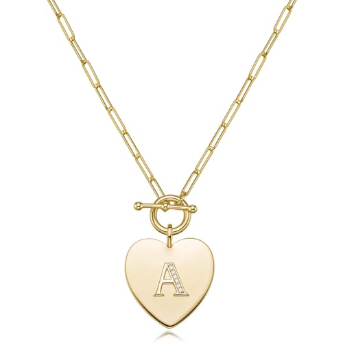 14K Gold Filled Heart Initial Necklace for Women, Dainty Alphabet Pendant Necklace with Paperclip Chain, Hypoallergenic Jewelry Gift for Her - color: Letter A