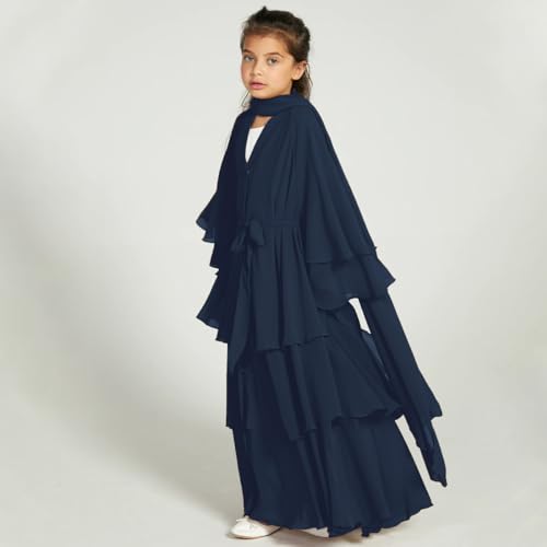 Chiffon layered Open Abaya Dubai Kaftan Muslim Cardigan Abayas Dresses For Girls Casual Robe Kimono Islam Clothing - color: Navy Blue, size: 11-12 Years