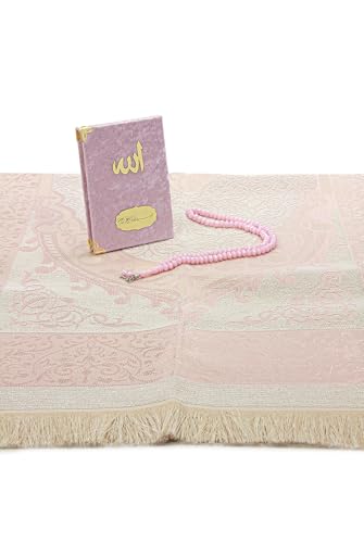 ihvan online Taffeta Fabric Muslim Prayer Rug, Velvet Covered Yaseen Surah Pocket Size Book, Prayer Beads Set with Kraft Boxed, Dowry Box for Men & Women, Islamic Ramadan Eid & Wedding Gifts, Pink - color: Pink