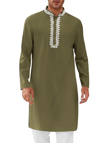 Runcati Mens Kaftan Thobe Cotton Henley Shirt Long Sleeve Embroidery Robe Casual Kurta Muslim Gown Shirt - color: Army Green, size: Medium