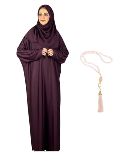 Women Prayer Clothes with Hijab Muslim Outfits Long Robe Abaya Turkish Islamic Dresses Dubai Kaftan with Rosary - color: Cherry