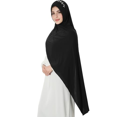 khalat Instant Hijab 여성용 무슬림 샤이니 라인스톤 데일리 스카프 부드럽고 신축성 있는 단색 이슬람 기도 히잡 - color: 블랙.