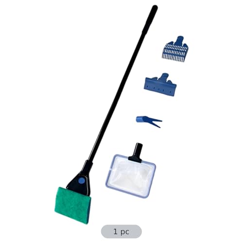 5-in-1 Aquariums Cleaning Kit, Extendable Tool for Fish Tank Maintenance, Includes Algae Scraper, Gravel Rake, Fish Net, Plant Clamp, Aquarium Brush, 16.9 x 4.1 x 1.2 in