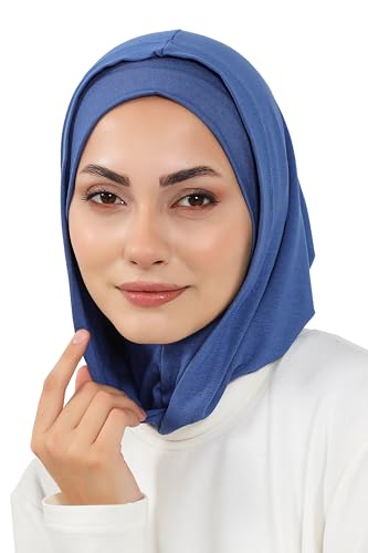 Aisha's Design Full Coverage%95 Cotton Bonnet for Women, Ready-to-Wear Hijab Bonnet Headscarf with Neck Coverage - color: Indigo