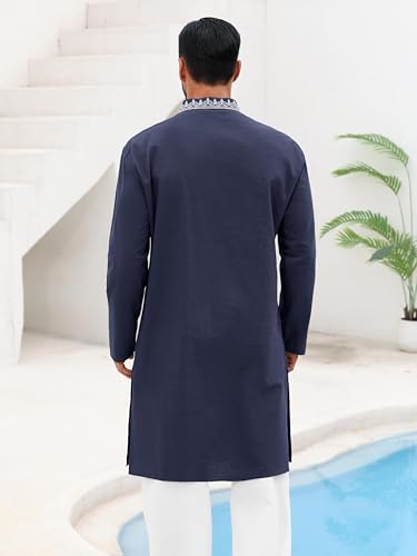 Runcati Mens Kaftan Thobe Cotton Henley Shirt Long Sleeve Embroidery Robe Casual Kurta Muslim Gown Shirt - color: Navy, size: XX-Large