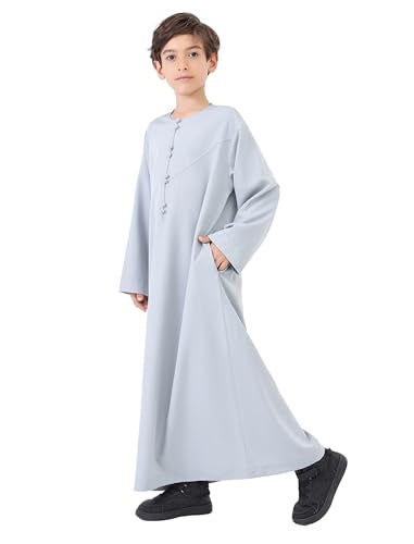 OBEEII Boy's Muslim Thobe Arab Long Sleeve Abaya Kaftan Robe Eid Ramadan Islamic Middle East Dubai Prayer Dress with Pockets - color: Gray, size: 9-10 Years