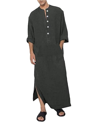 Jacansi Men's 65% Cotton 35% Linen Long Sleeve Kaftan, Button Down Ankle Length Thobe with Side Split & Pocket - color: Dark Grey, size: Medium