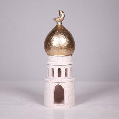Decorative Mosque Tower with Gold Dome, Hand Painted, 7.87 x 2.95 x 2.95 inches, White and Gold - size: 2.95*2.95*7.87in
