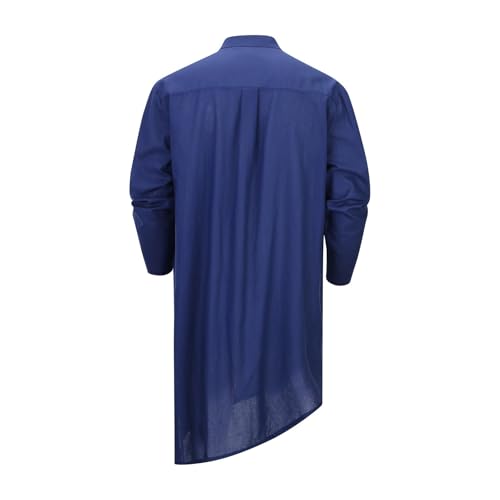 Mens Kaftan Robe Thobe Cotton Long Sleeve Henley Shirt Casual Muslim Gown Kurta Tops - color: Navy, size: Small