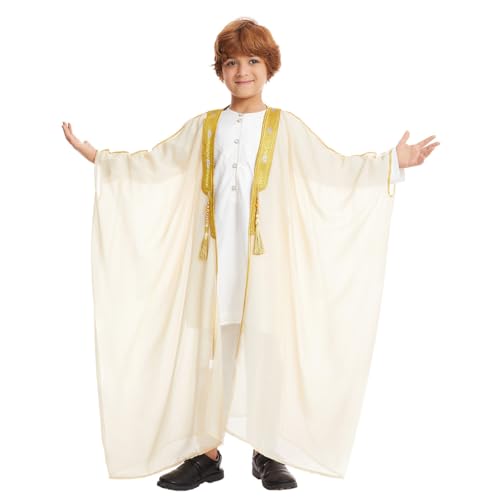 IWEMEK Kids Abaya Arabic Thobe for Boys Muslim Robes Islamic Prayer Clothes Embroidered Chiffon Kaftan Cardigan Dubai Thobe - color: Beige, size: 4-5T