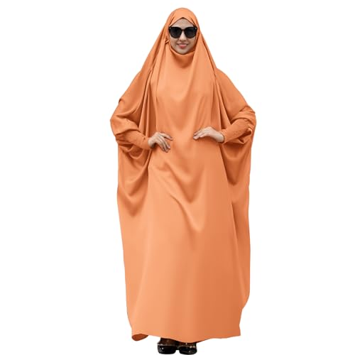 IDOPIP Muslim Abaya for Women One Piece Long Sleeve Islamic Prayer Dress with Hooded Hijab Maxi Kaftan Robe Modest Clothes - color: Orange
