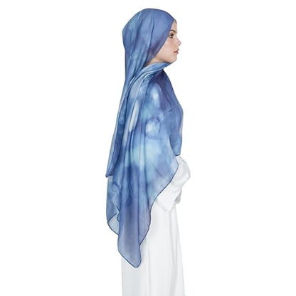 Printed Hijab for Women Printing Hijab Scarf for Women Muslim Islamic Prayer Clothes 1pc Muslim Women's Khimar - color: Misty Ocean Blue