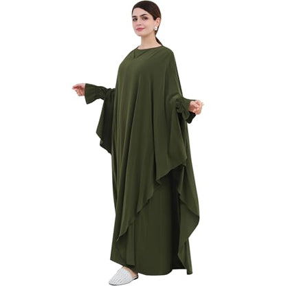 2PCS Women's Muslim Abaya Dress Lace Cuffs Islamic Dubai Prayer Robe Smooth Flowy Muslim Women Clothes - color: Army Green, size: X-Large