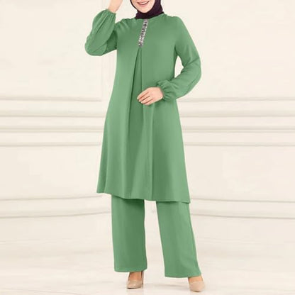 Abayas Dress For Women Muslim Long Sleeve Loose Top Pants 2 Pcs Dubai Islamic Muslim Women Matching Sets - color: Green B, size: Medium