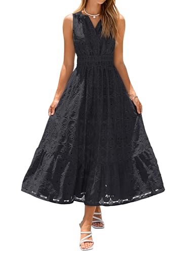 Simplee Women Summer Sleeveless Eyelet Maxi Dress 2026 Lace Casual V Neck A Line Boho Flowy Beach Wedding Guest Long Dresses - color: Black, size: Small