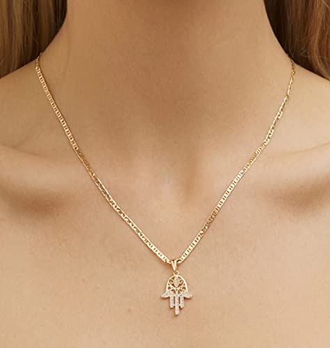 Barzel 18K Gold Plated Flat Mariner/Marina 060 3MM Chain Necklace With Hamsa Hand Pendant
