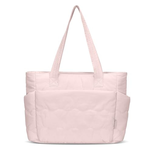 Hynes Eagle Tote Bag for Women Quilted Travel Bag Lightweight Puffer Tote Shoulder Handbag with Compartments Work/Gym/Teacher - color: Pink